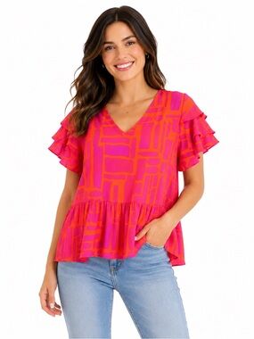EUC Michelle McDowell Size Small Oversized Vibrant Pink and Orange Women's Top